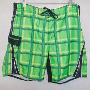 Point Zero Black Green Yellow plaid Lined Board Shorts Swim Trunks Mens L